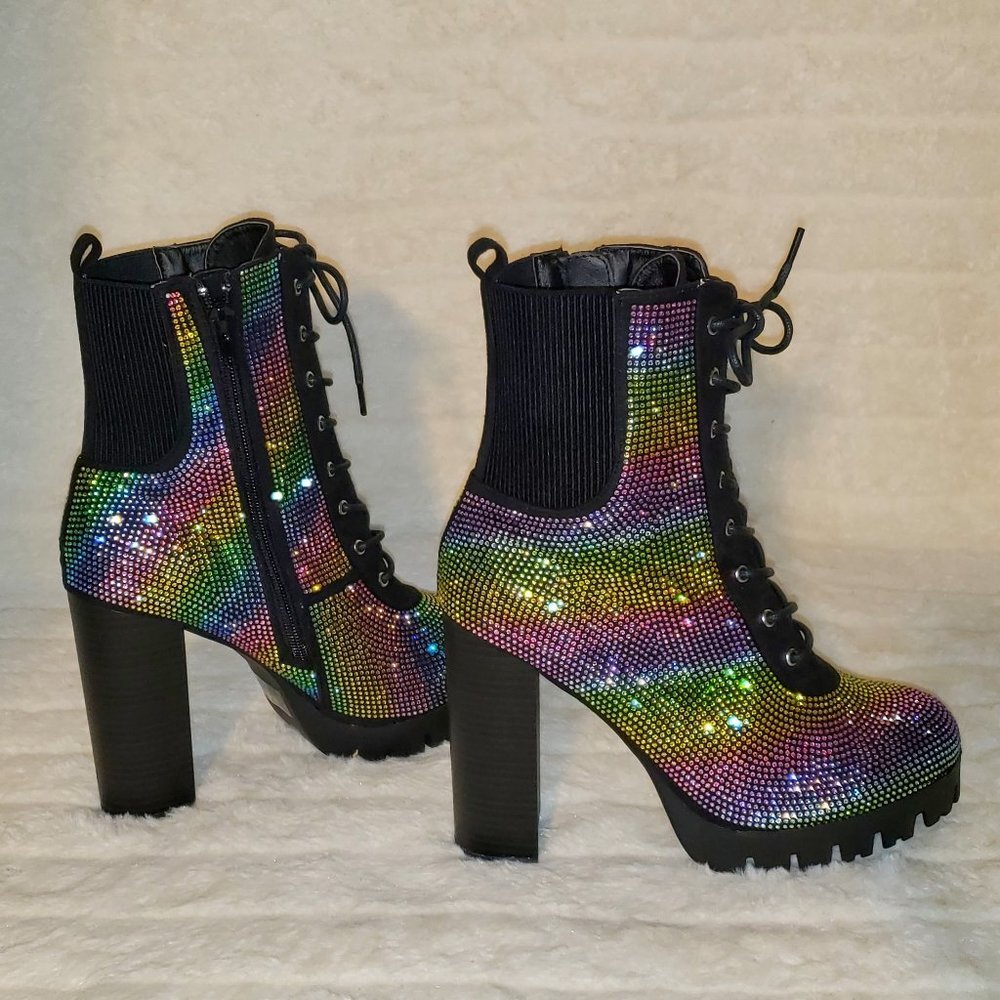 Rainbow Sparkle Rhinestone Chunky High Heel Ankle Boots - Picture 6 of 17